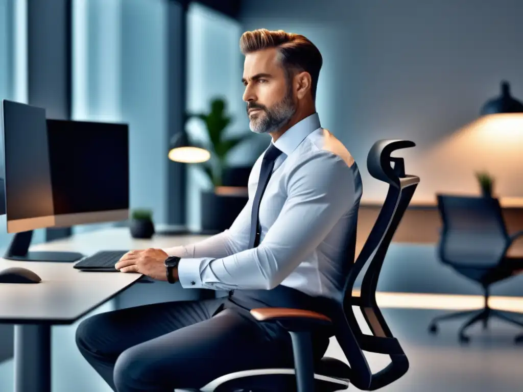 Hombre en oficina con postura ergonómica y estilo de vida masculino