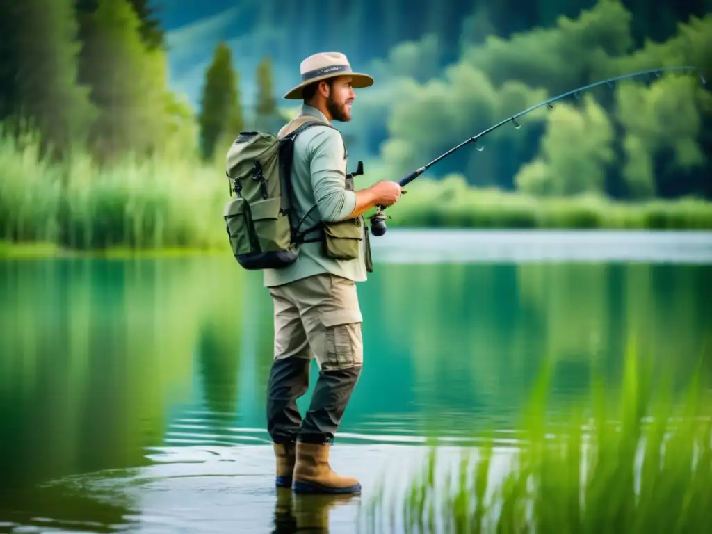 Equipamiento de pesca masculino estiloso en un sereno lago rodeado de vegetación, con un pescador de moda sosteniendo una caña de pescar