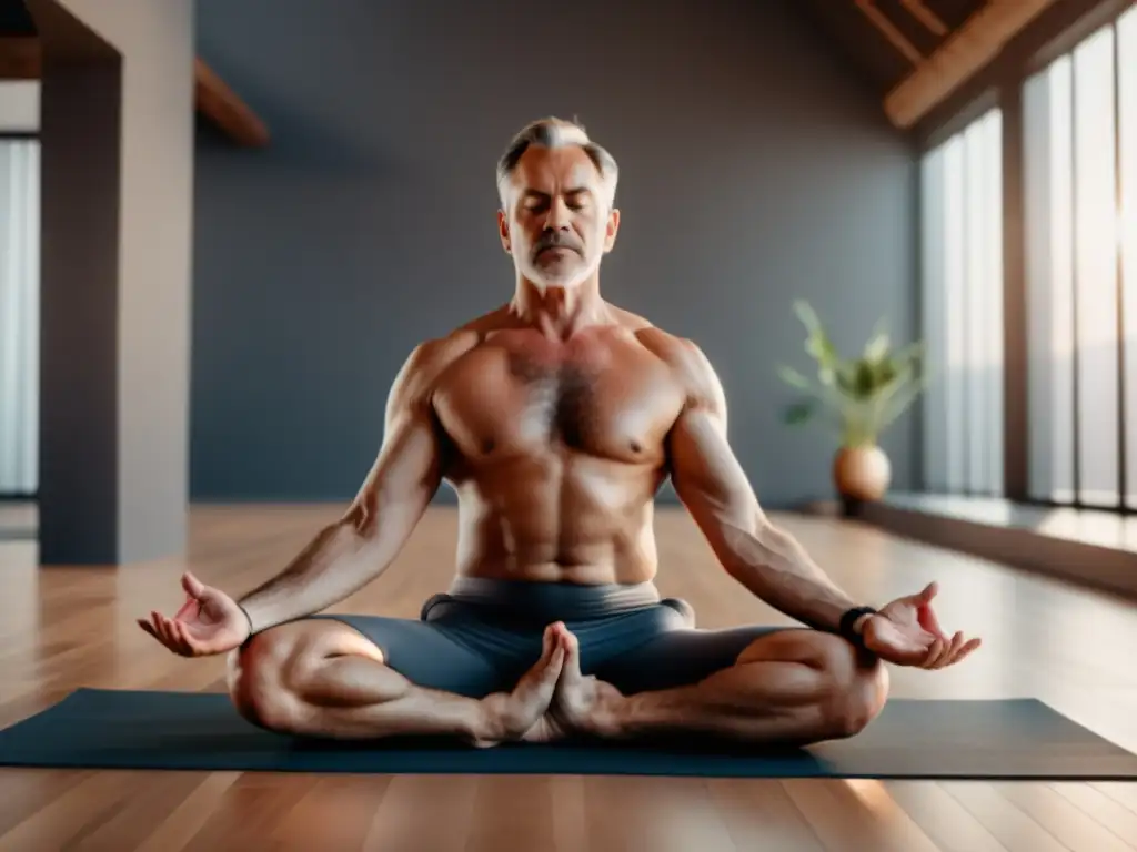 Hombre practicando yoga en estudio moderno, resaltando beneficios y adaptaciones para hombres