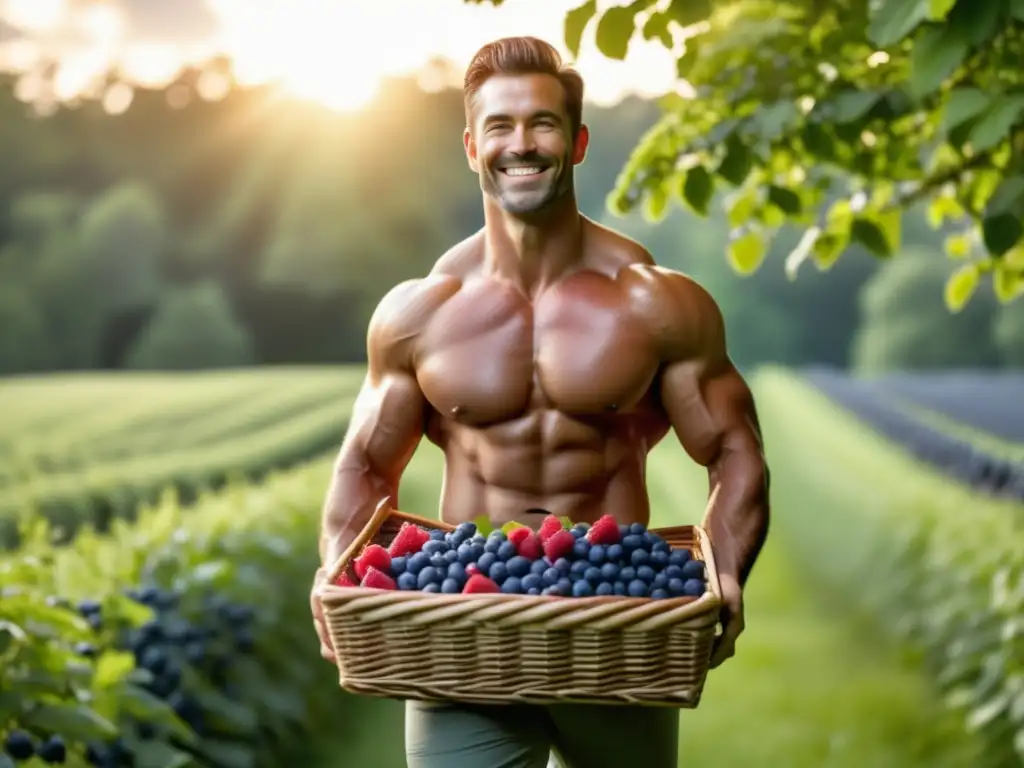 Hombre saludable con cesta de bayas: Beneficios antioxidantes para hombres