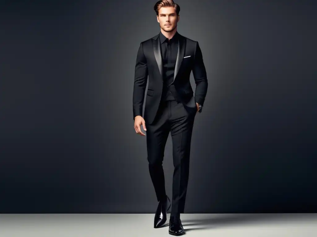 Modelo masculino elegante en traje negro, destacando estilo monocromático y detalles vibrantes