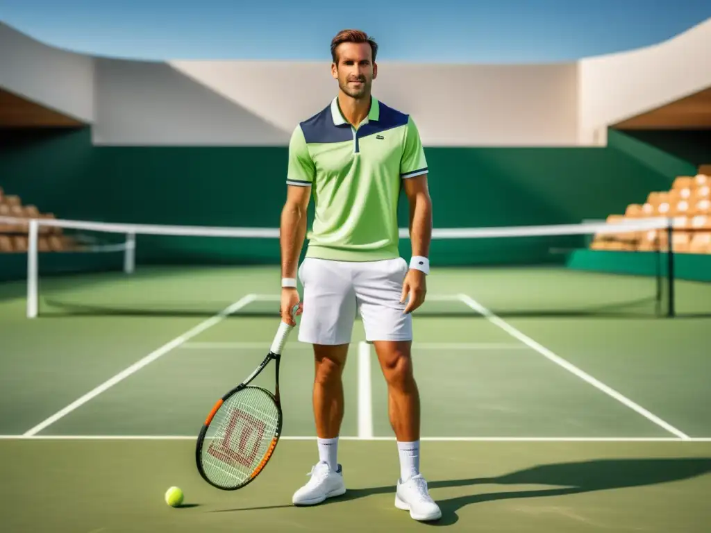 Hombre tenista elegante en una cancha de tenis bien cuidada, combinando moda y funcionalidad en equipamiento de tenis masculino