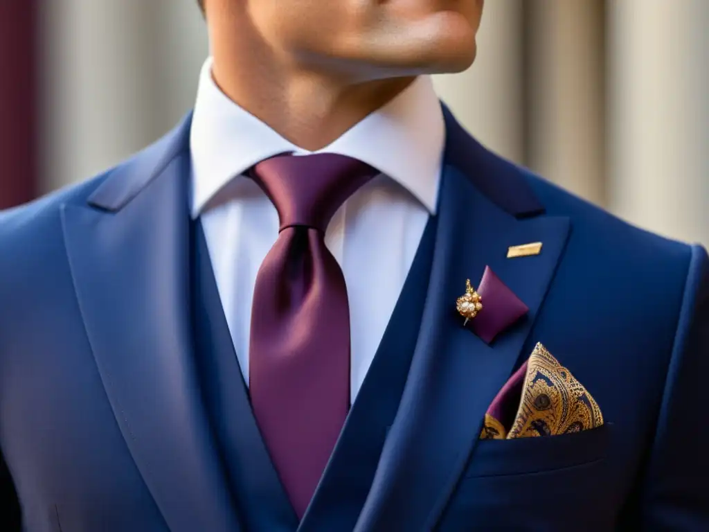 Tendencias moda masculina otoño: Hombre elegante en traje azul marino con detalles impecables y accesorios sofisticados