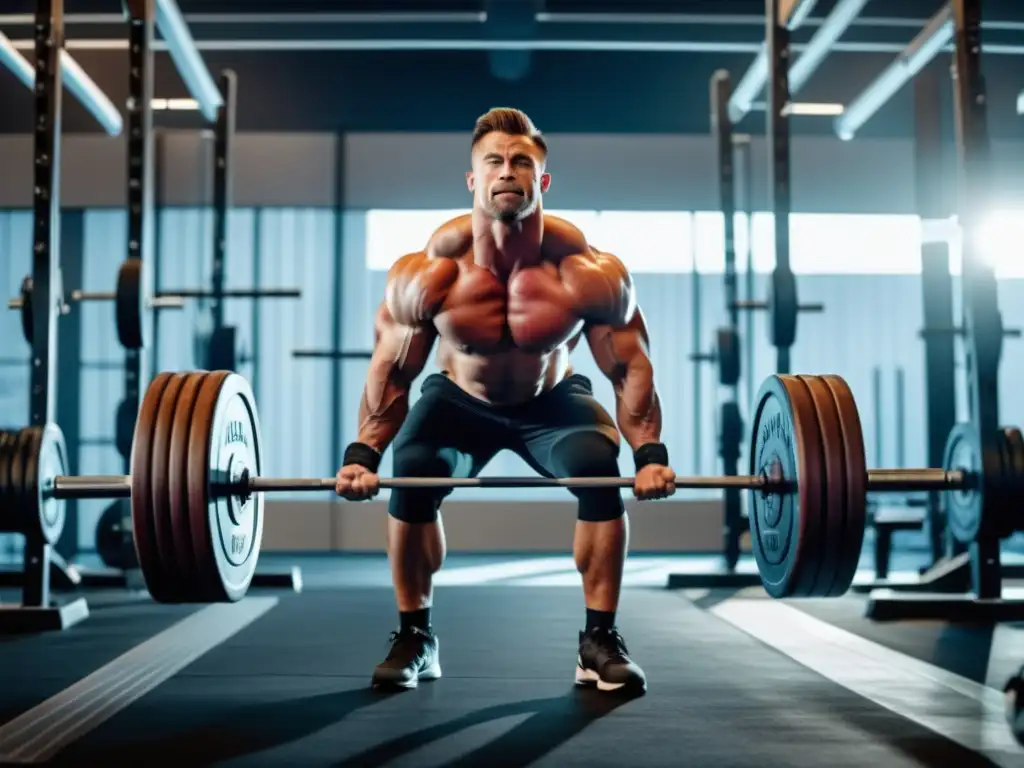 Ejercicios para tonificar el cuerpo masculino en un gimnasio moderno con un atleta musculoso levantando pesas