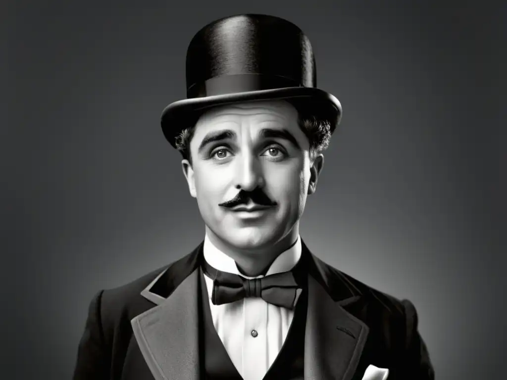 Imagen de Charles Chaplin, ícono de la moda masculina, con traje negro, camisa blanca y sombrero de copa