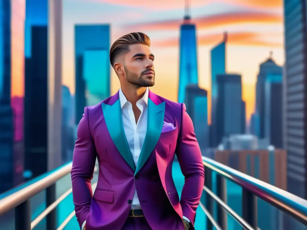 Influencer masculino en traje de alta costura en ciudad moderna con publicidad digital de moda masculina revolucionada