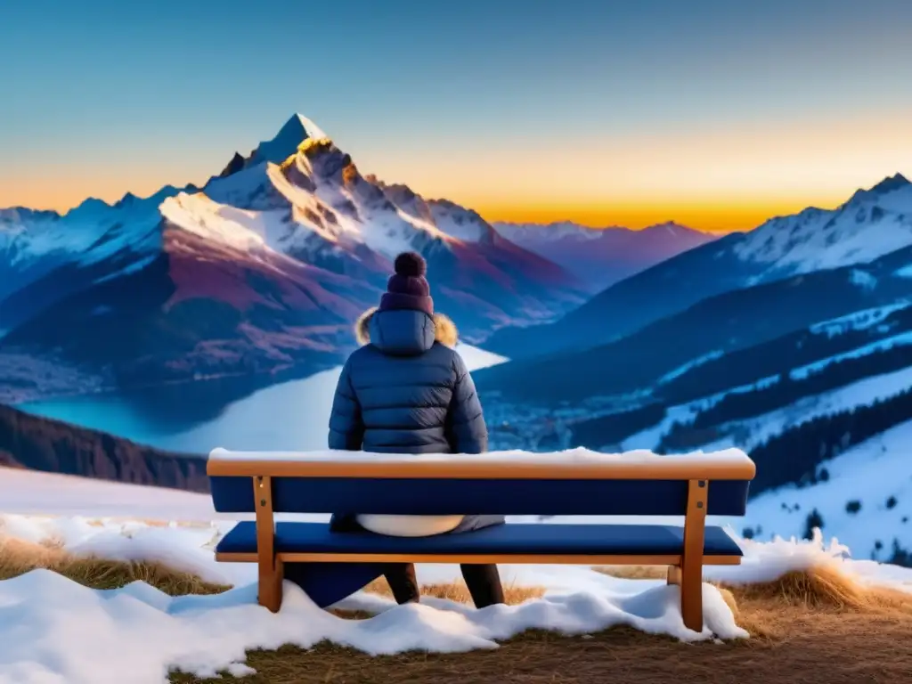 Moda funcional para invierno Outfits para viajar con estilo en un paisaje invernal impresionante, con montañas nevadas y una puesta de sol dorada