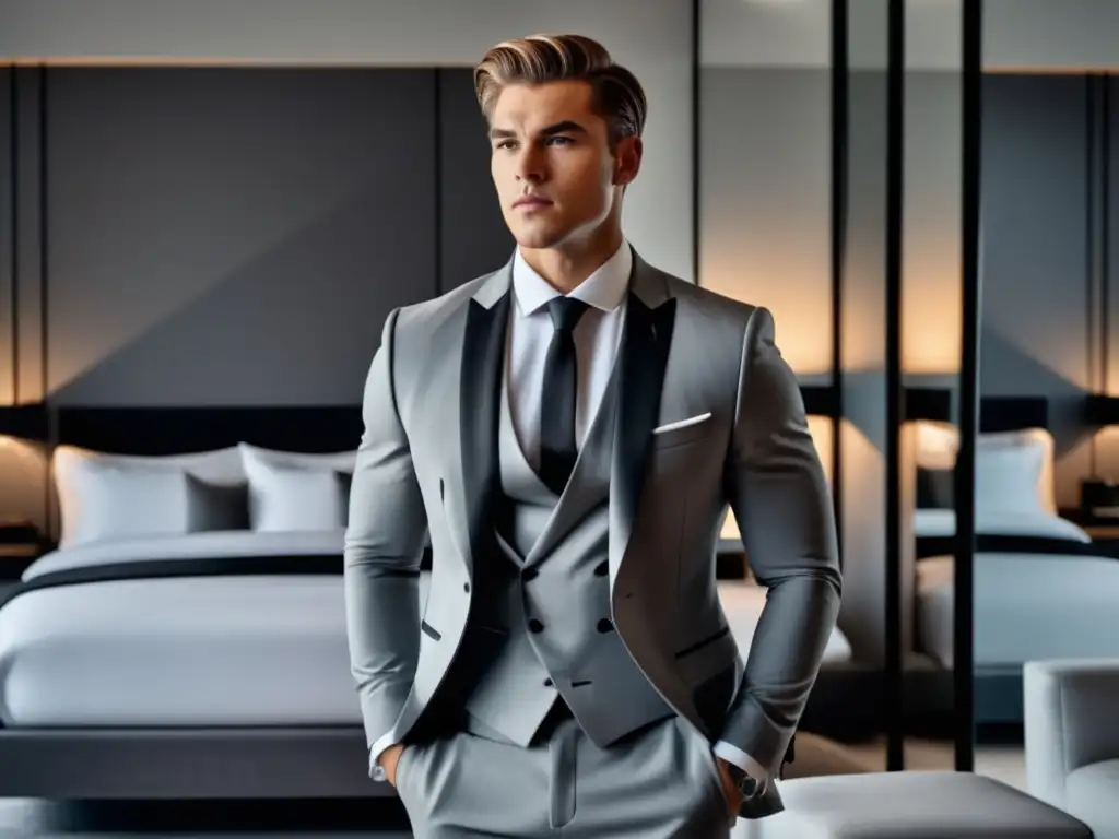 Elegante hombre en un dormitorio minimalista con traje gris y accesorios: Consejos moda masculina actual