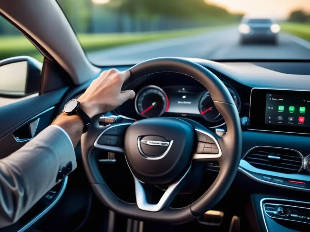 Hombre con manos en volante ergonómico en interior de coche moderno