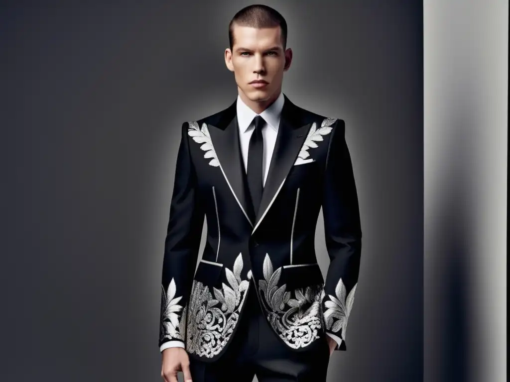 Modelo masculino con traje negro de Alexander McQueen, tendencias moda masculina