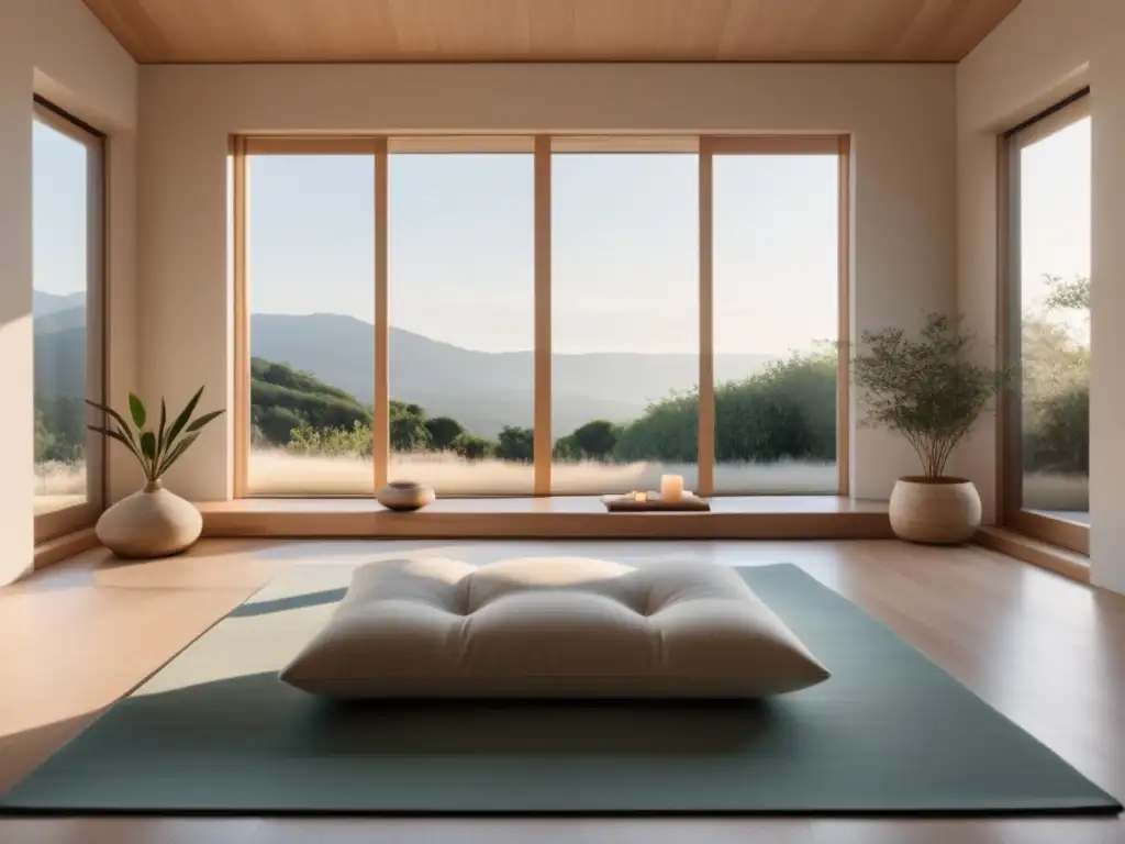 Un espacio de meditación minimalista con ventanales, decoración neutral y una persona relajada