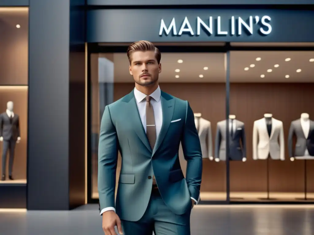 Modelo masculino elegante frente a tienda moderna, destacando moda masculina y publicidad