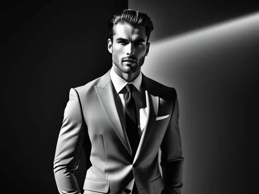 Fotografía moda masculina blanco negro: modelo elegante en traje ajustado, fondo minimalista, iluminación dramática, contraste y texturas destacadas