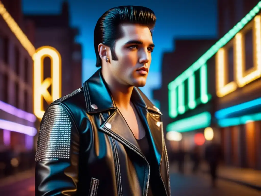 Tendencias moda masculina reyes estilo: Modelo masculino con chaqueta de cuero negra estilo Elvis Presley en una calle iluminada por luces de neón