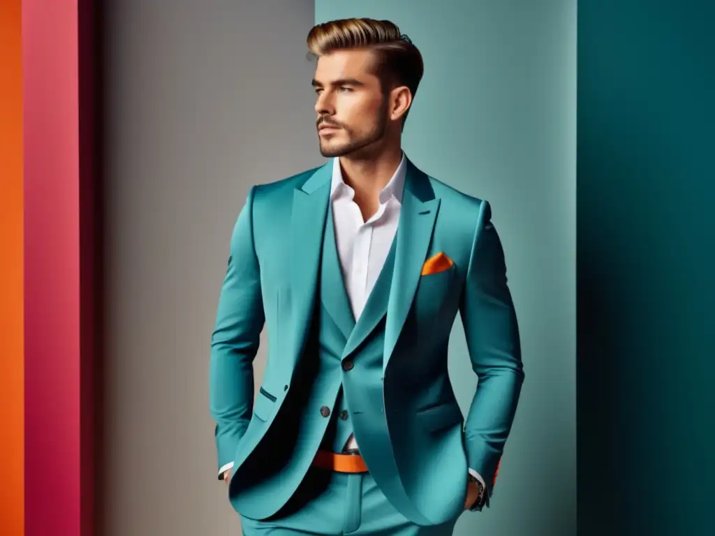 Tendencias moda masculina: Modelo varón elegante destaca en foto 8K con traje de diseñador, fondo minimalista