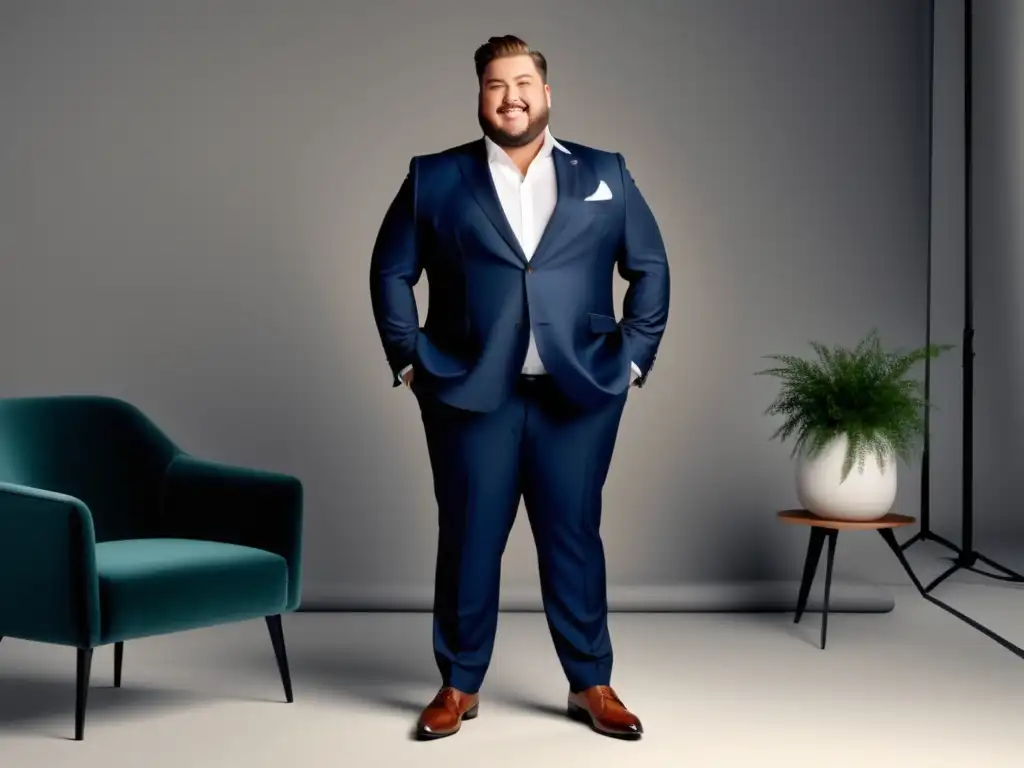 Estrategias branding moda masculina plus size: modelo plus size con traje elegante y seguro de sí mismo en estudio minimalista