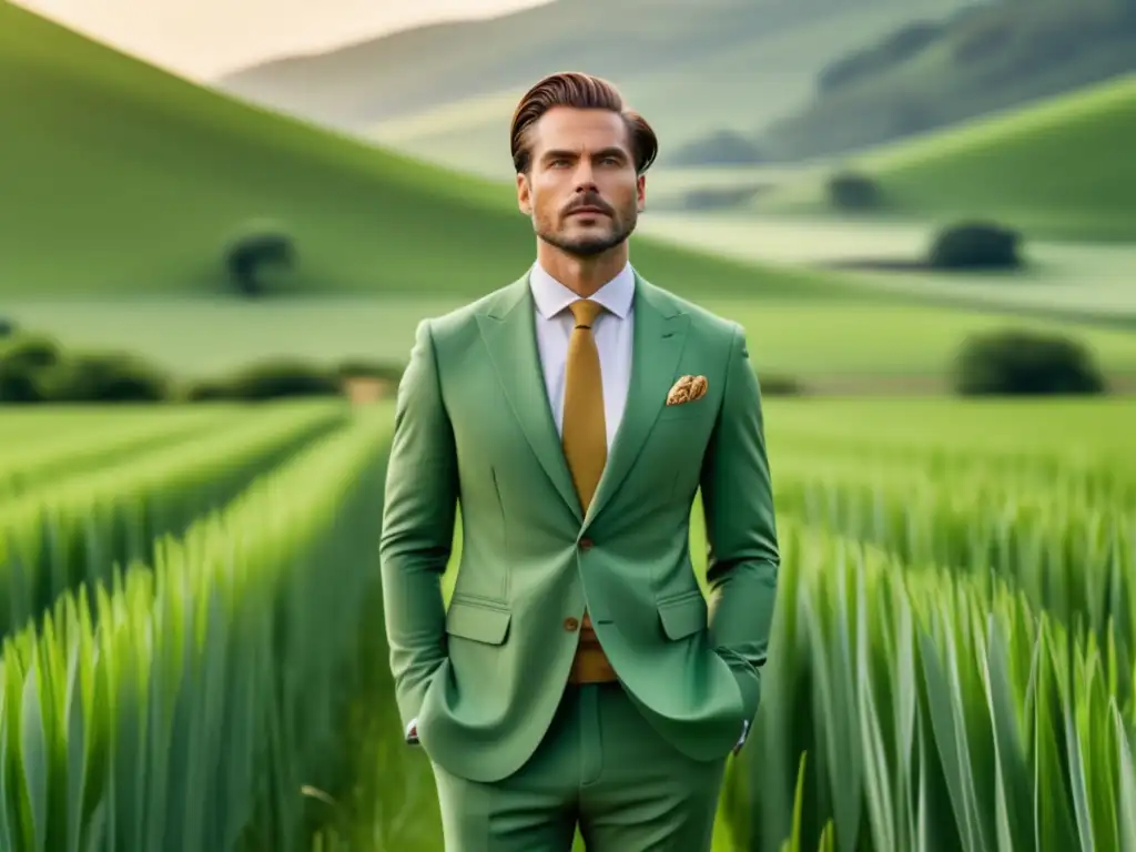 Beneficios moda ecológica masculina: hombre elegante en campo verde, traje vintage sostenible