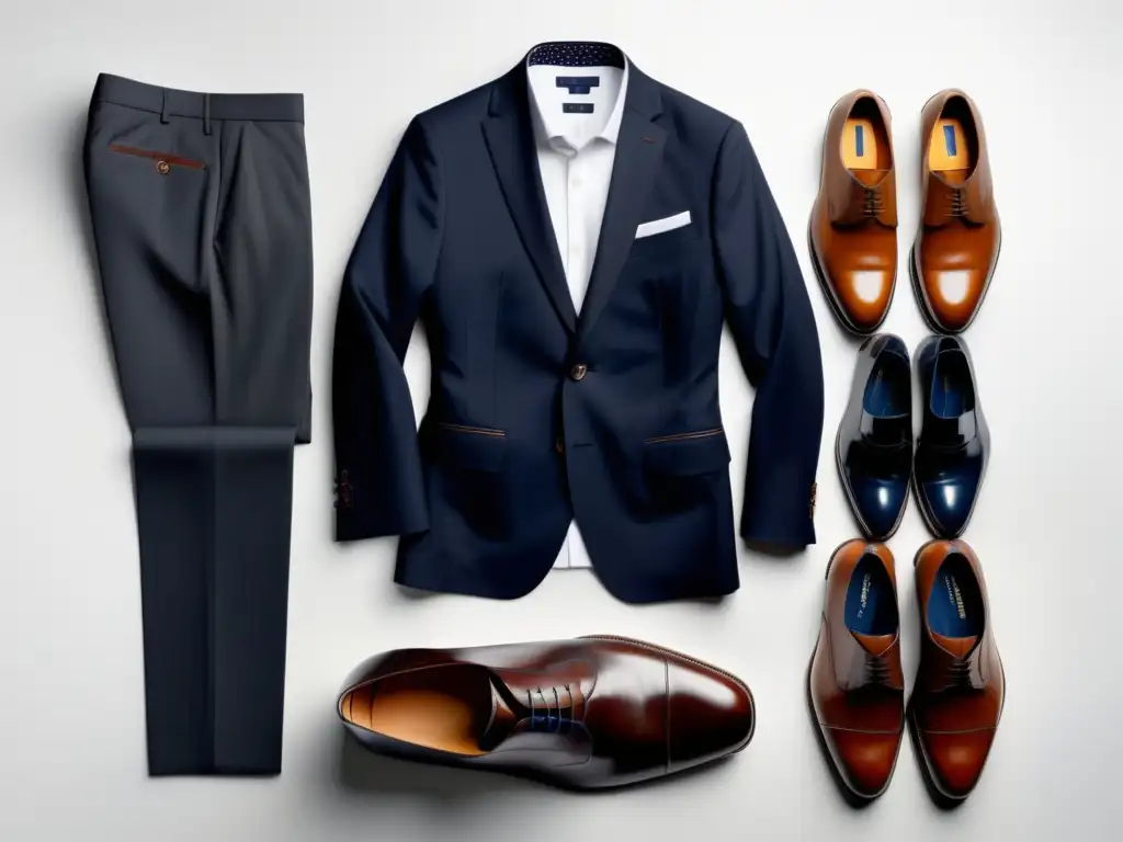 Trucos de embalaje para hombre moderno en viaje: Outfit elegante con blazer azul marino, camisa blanca, pantalones de carbón y zapatos de cuero marrón