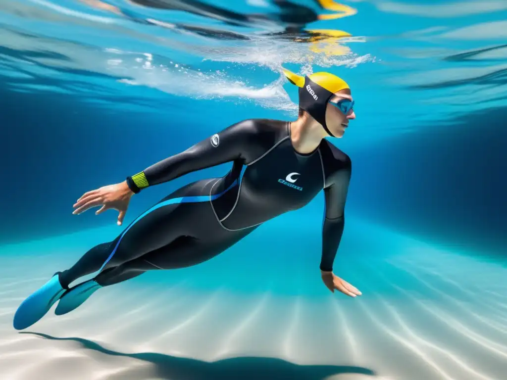 Nadador profesional con traje neopreno flotando en agua cristalina, destacando su técnica y equipamiento deportivo para nadadores