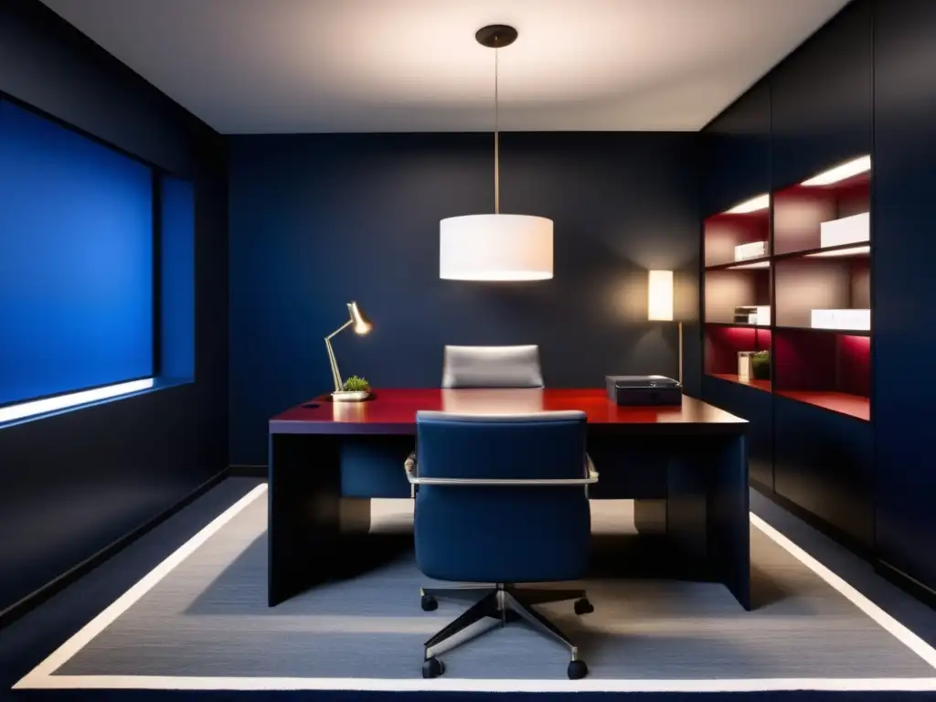 Importancia colores oscuros imagen: Oficina moderna con muebles elegantes y decoración minimalista en tonos azul navy, gris y borgoña