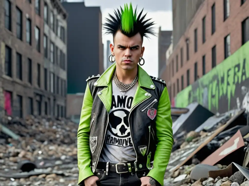 Tendencias moda punk años 80: Hombre punk de los 80 con estilo rebelde y audaz