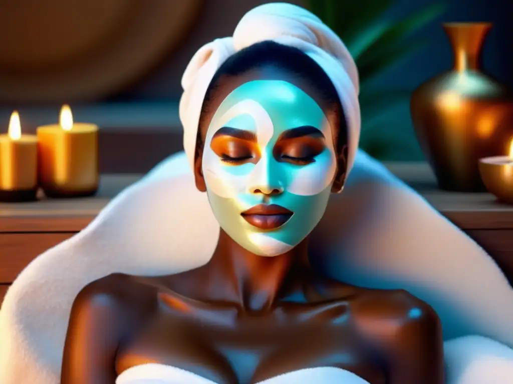 Consejos cuidado piel noche fiesta: mujer disfruta spa con mascarilla revitalizante y productos de alta calidad