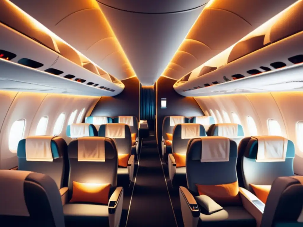 Consejos para dormir bien en aviones: interior de cabina moderna y elegante con asientos cómodos y luces tenues