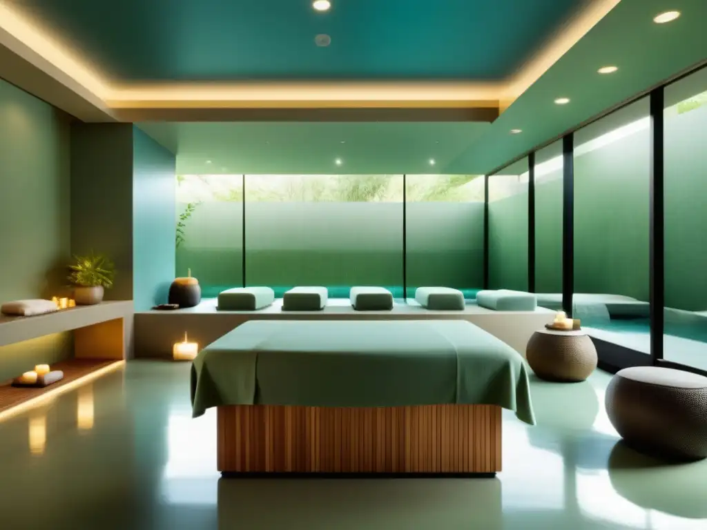 Imágen de un spa sereno con iluminación suave y diseño minimalista