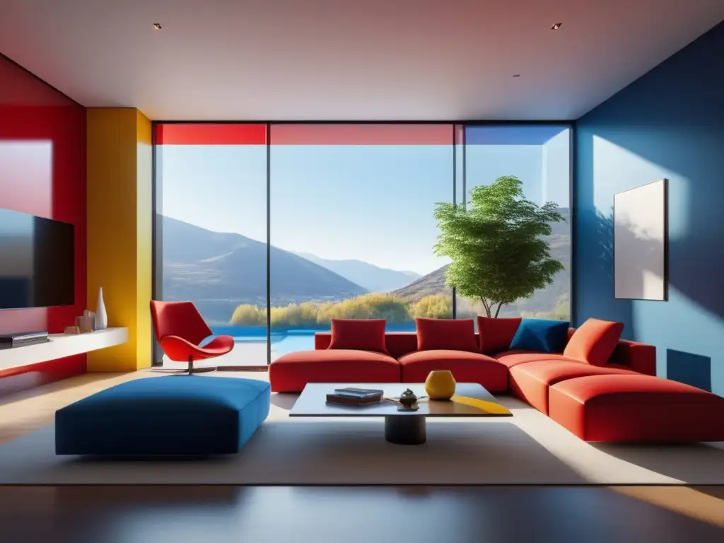 Efecto de colores en estado de ánimo: sala moderna con ventana grande, muebles y decoración en rojo, azul y amarillo