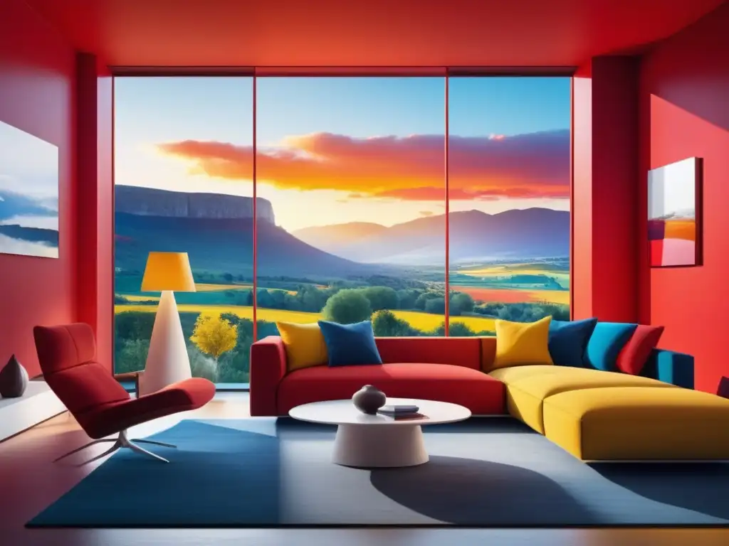 Efecto colores en estado ánimo: sala moderna, ventana amplia, paisaje, rojo, azul, amarillo, calidez, tranquilidad, luz natural