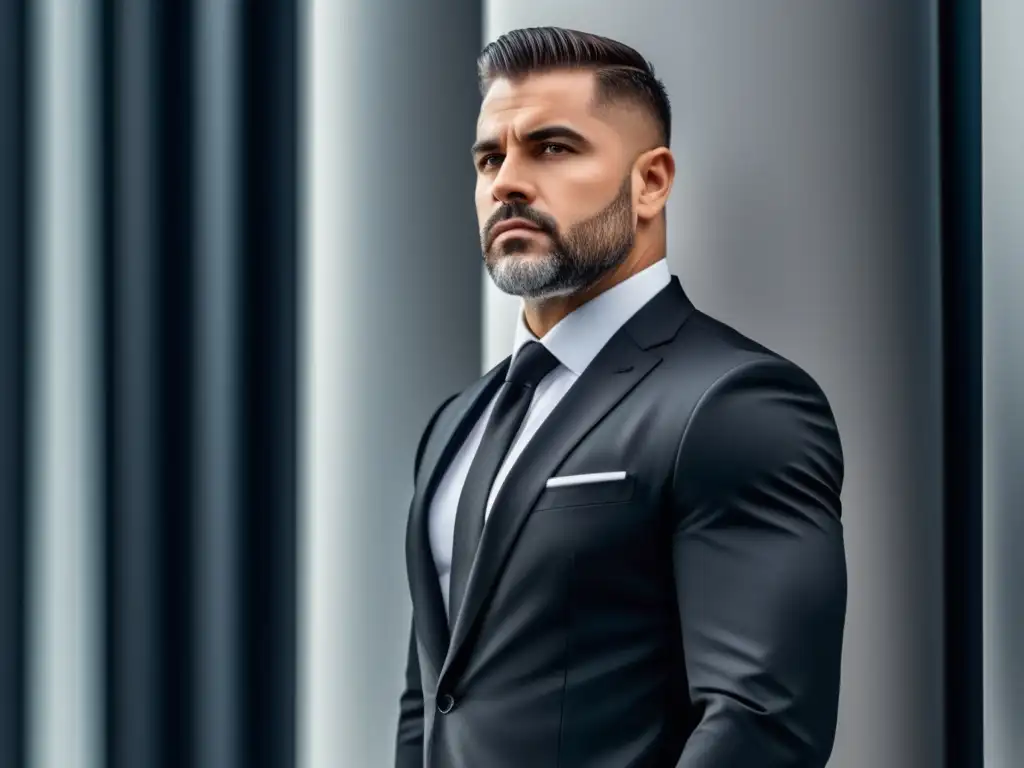 Tendencias moda masculina seguridad: profesional confiado, traje negro ajustado, camisa blanca, corbata estilizada