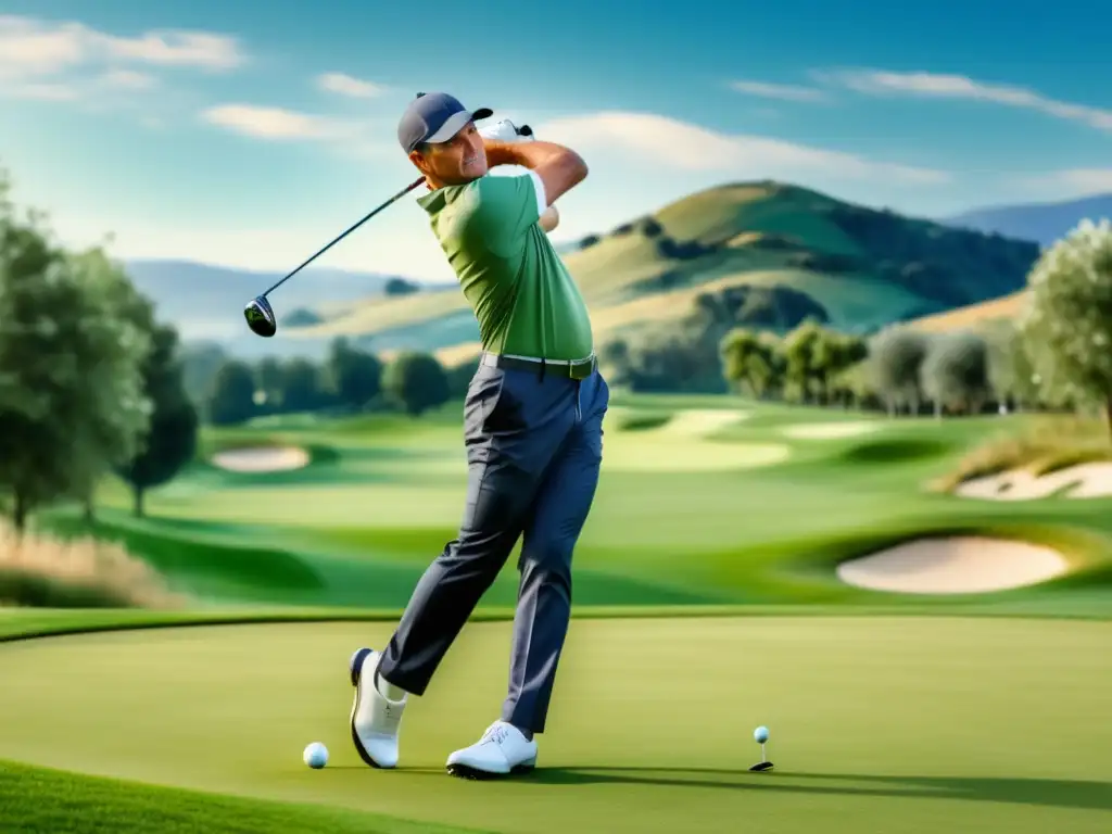 Ropa de golf elegante y funcional: Hombre jugando golf en un campo pintoresco con detalles ergonómicos y perfecto ajuste