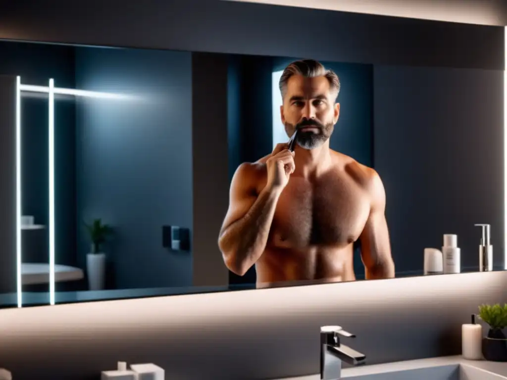 Hombre en espejo de baño moderno, con un rostro afeitado impecable