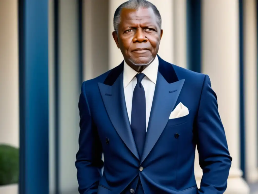 Moda masculina estilo Sidney Poitier en elegante traje azul marino