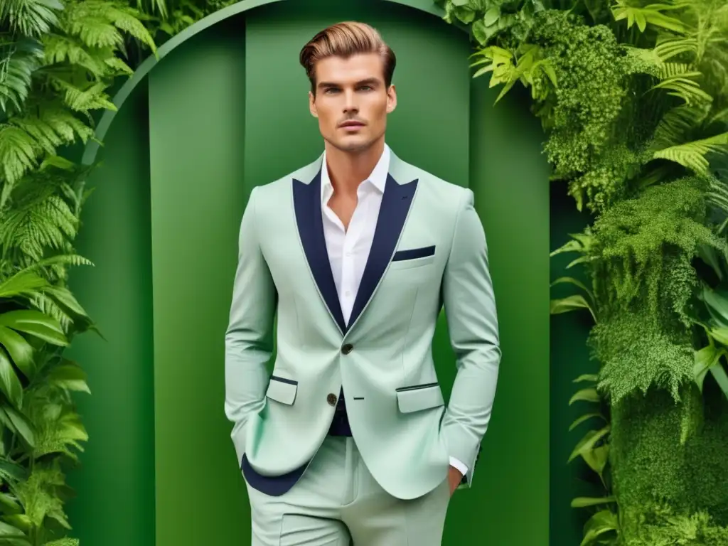 Hombre modelo en traje sostenible, elegante y moderno, rodeado de vegetación, reflejando los beneficios de la moda masculina sostenible