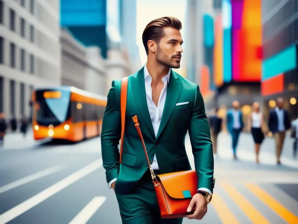 Beneficios bolsos cruzados hombres: Urbano y elegante Actor A con bolso sofisticado, muestra practicidad, moda y versatilidad