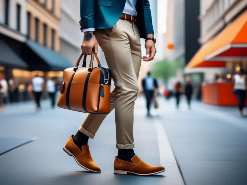 Hombre moderno en la ciudad, con ropa y accesorios para viajar