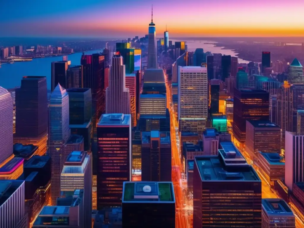 Ciudad urbana vibrante al anochecer Ciudad urbana al atardecer con rascacielos, luces vibrantes y energía urbana