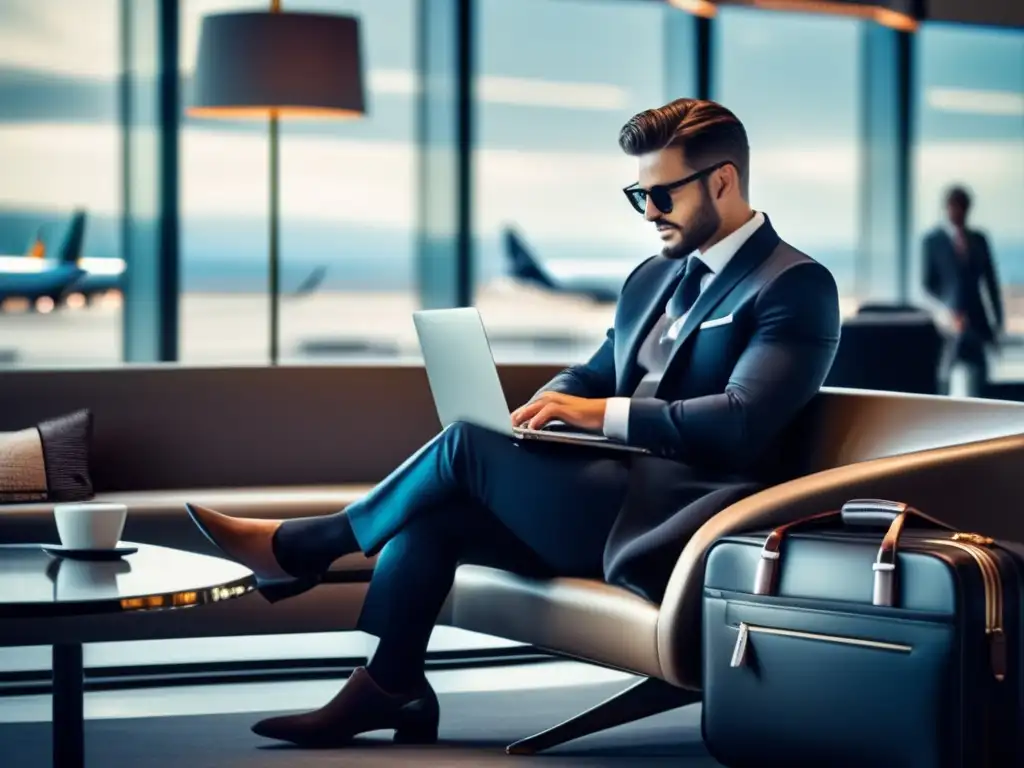 Viajero de negocios elegante en una sala de aeropuerto lujosa Viajero de negocios moderno en una elegante sala de espera de aeropuerto