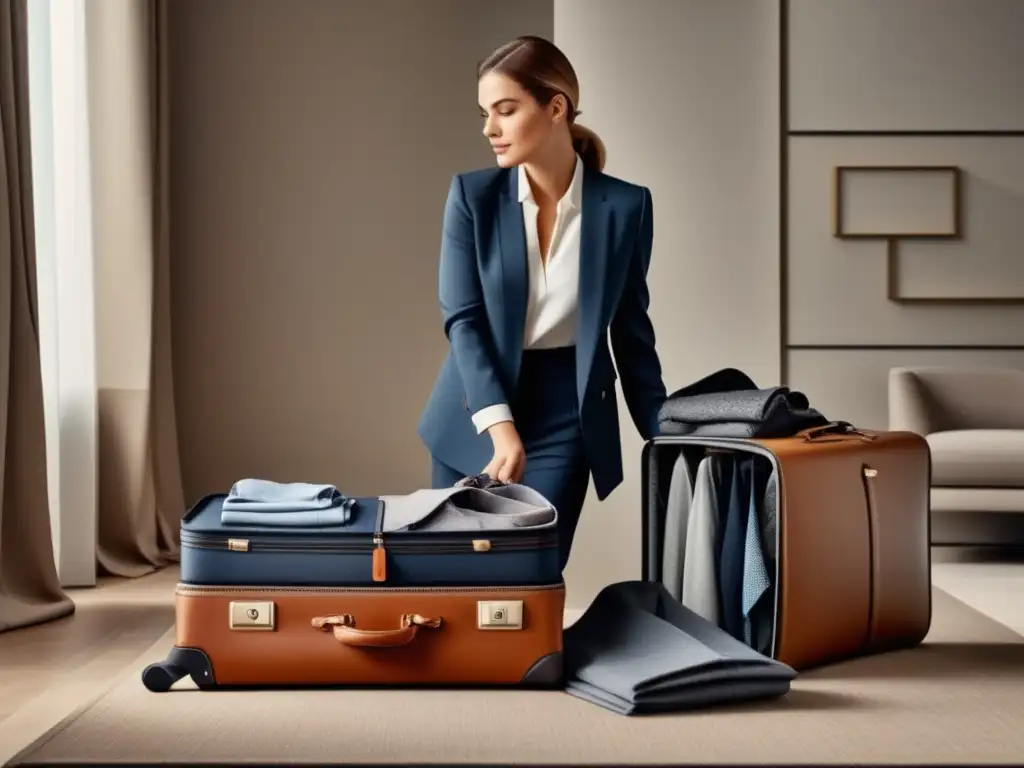Consejos para viajar ligero con estilo: Viajero organizando su ropa en una maleta abierta en una habitación de hotel moderna y elegante