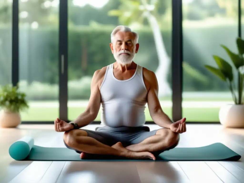 Técnicas de relajación para hombres mayores: Práctica de yoga en un entorno sereno y armonioso