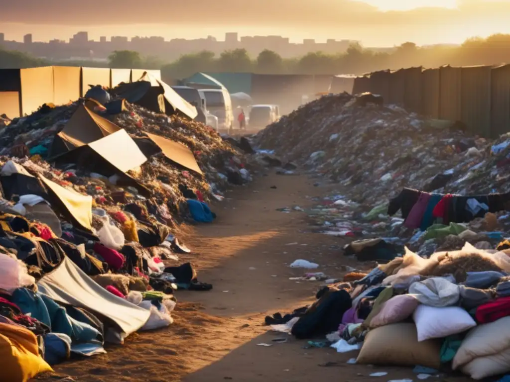 Impacto moda desechable en el planeta: montañas de ropa descartada al atardecer