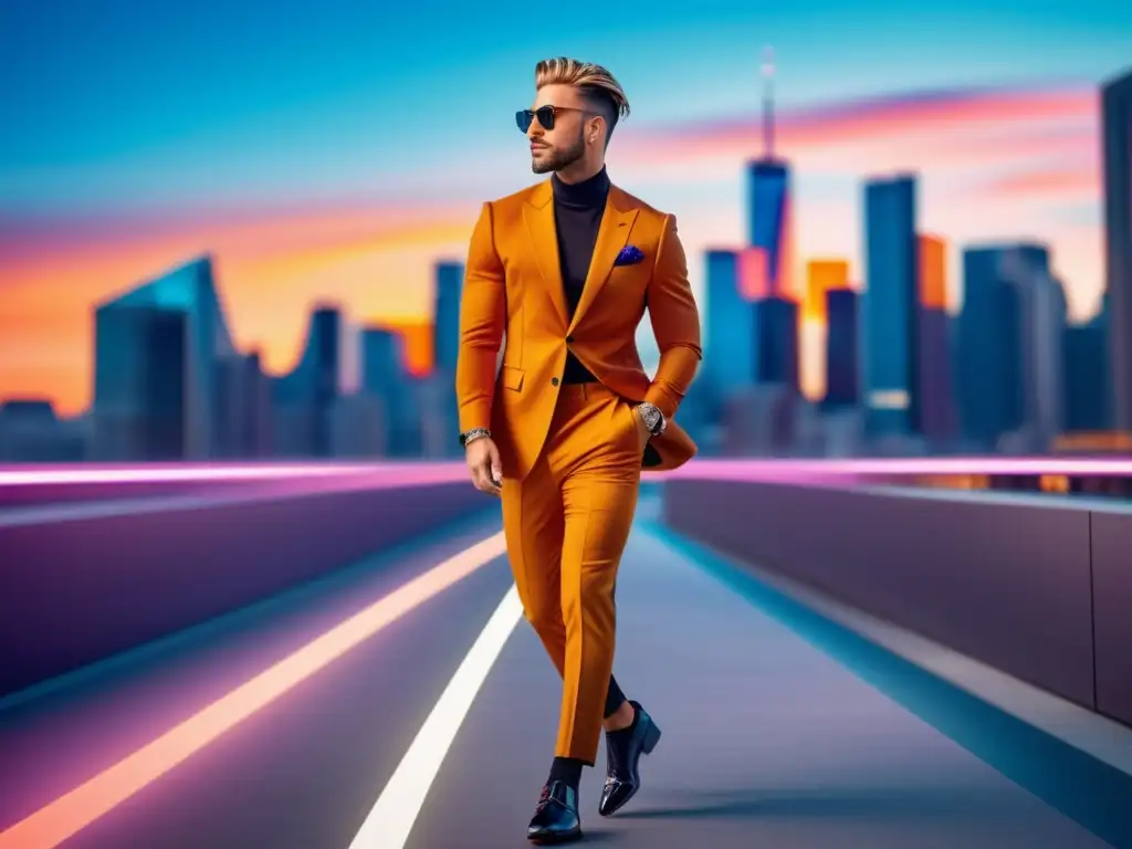 Influencia de influencers en moda masculina: elegante influencer urbano en movimiento, con moda vanguardista y fondo de ciudad borroso