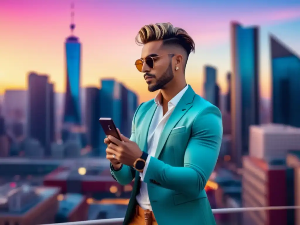 Influencia de redes sociales en moda masculina: influencer de moda masculina en una vibrante ciudad