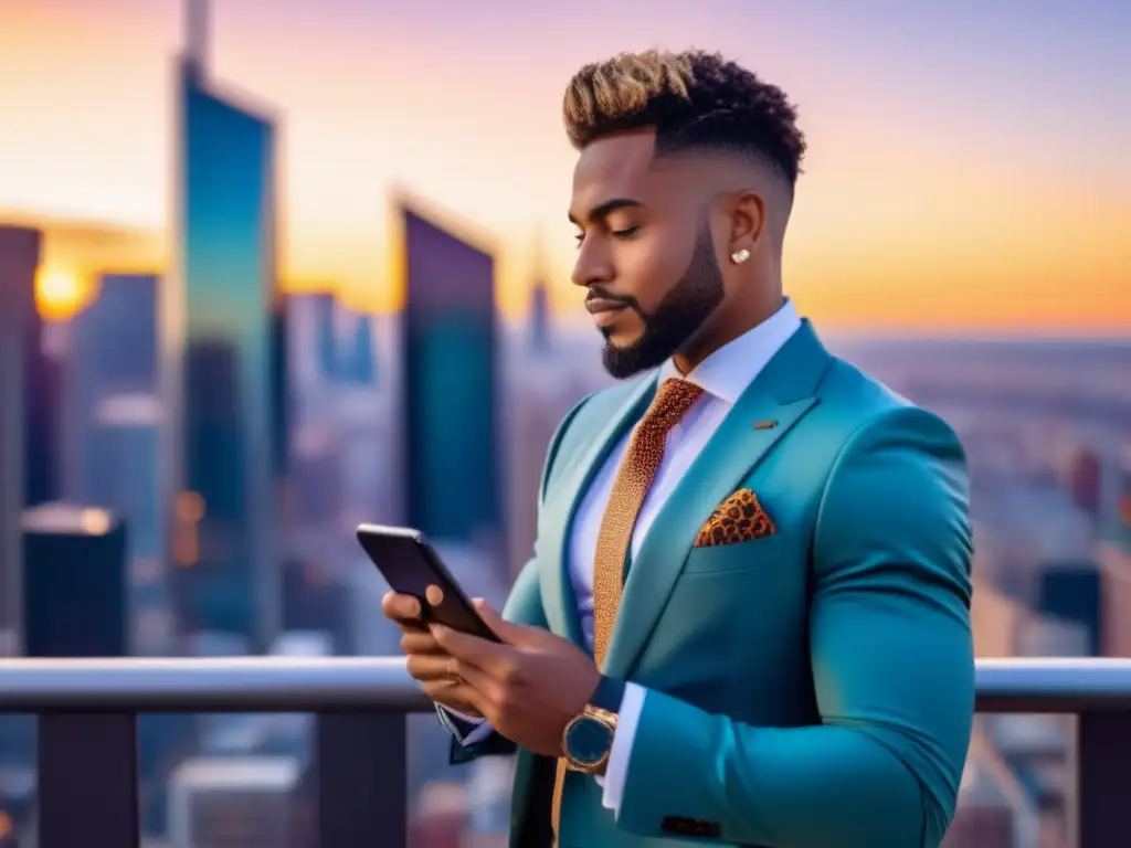 Influencer masculino de moda en ciudad vibrante al atardecer, representa tendencias de moda masculina en redes sociales