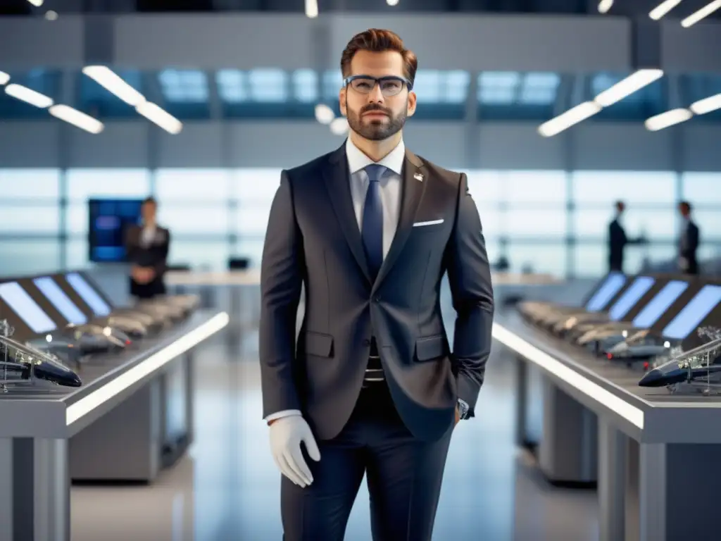 Ingeniero aeroespacial con look profesional y moderno en laboratorio de alta tecnología