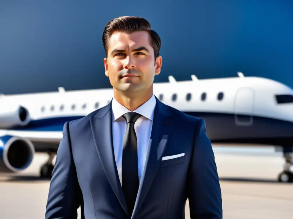 Mejores looks para ingenieros aeroespaciales - Ingeniero aeroespacial con traje azul marino entallado y aspecto profesional frente a un avión avanzado