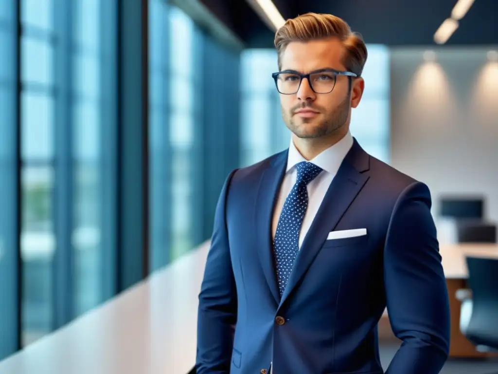 Ingeniero moderno en elegante traje azul, reflejo de estilo y profesionalismo en oficina contemporánea