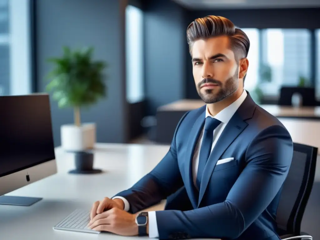 Consejos de estilo para ingenieros de sistemas: ingeniero profesional con peinado impecable, traje elegante, confianza y oficina moderna