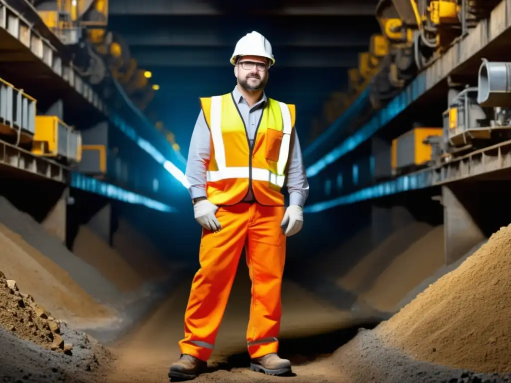 Vestimenta ingeniero minas moderna en mina bieniluminada, con casco, gafas, chaleco reflectante y botas de trabajo